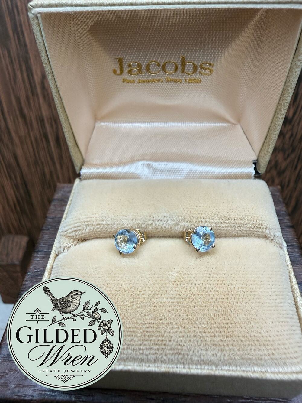 14K Yellow Gold Aquamarine 5mm Stud Earrings Vintage Estate 0.8g